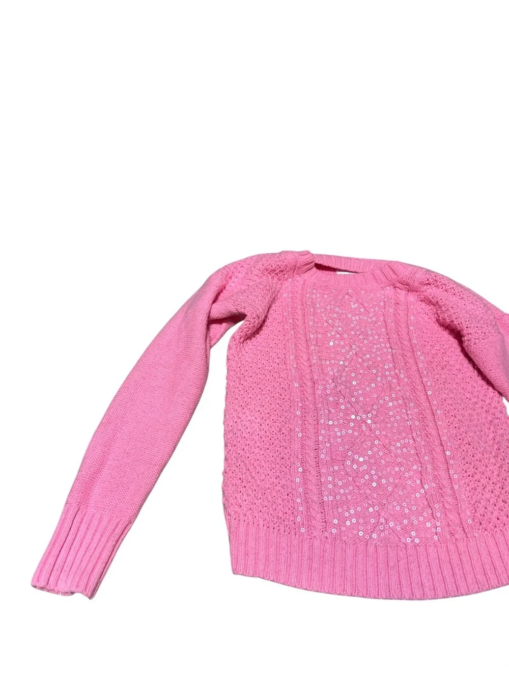 Justice Kids Girls Size 10 Crewneck Sweater Light Hot Pink Cableknit‎ Sequins